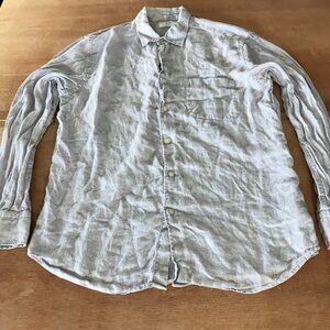 Uniqlo 100% Linen Shirt Men L Gray Button Up Long Sleeve Collared Pocket Preppy